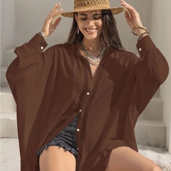 Mocha Lace Affair Button Shirt - Picture 1 of 7